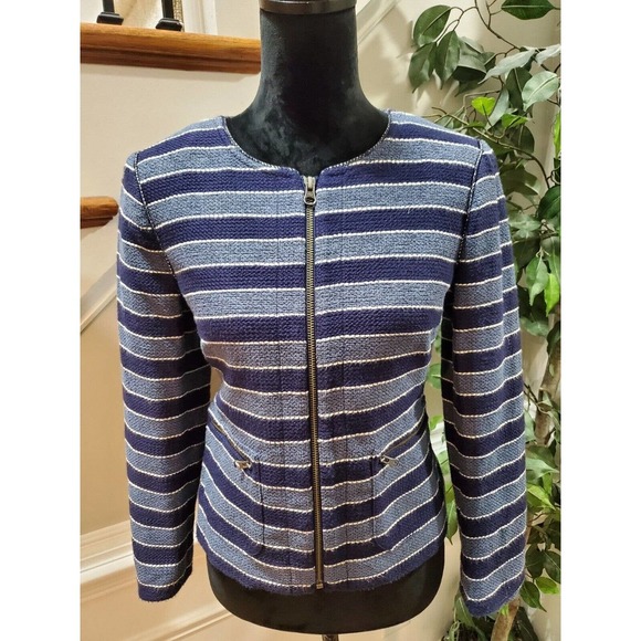Loft Women's Blue Striped Cotton Long Sleeve Full Zip Front Casual Jacket Size 6 - Picture 2 of 12